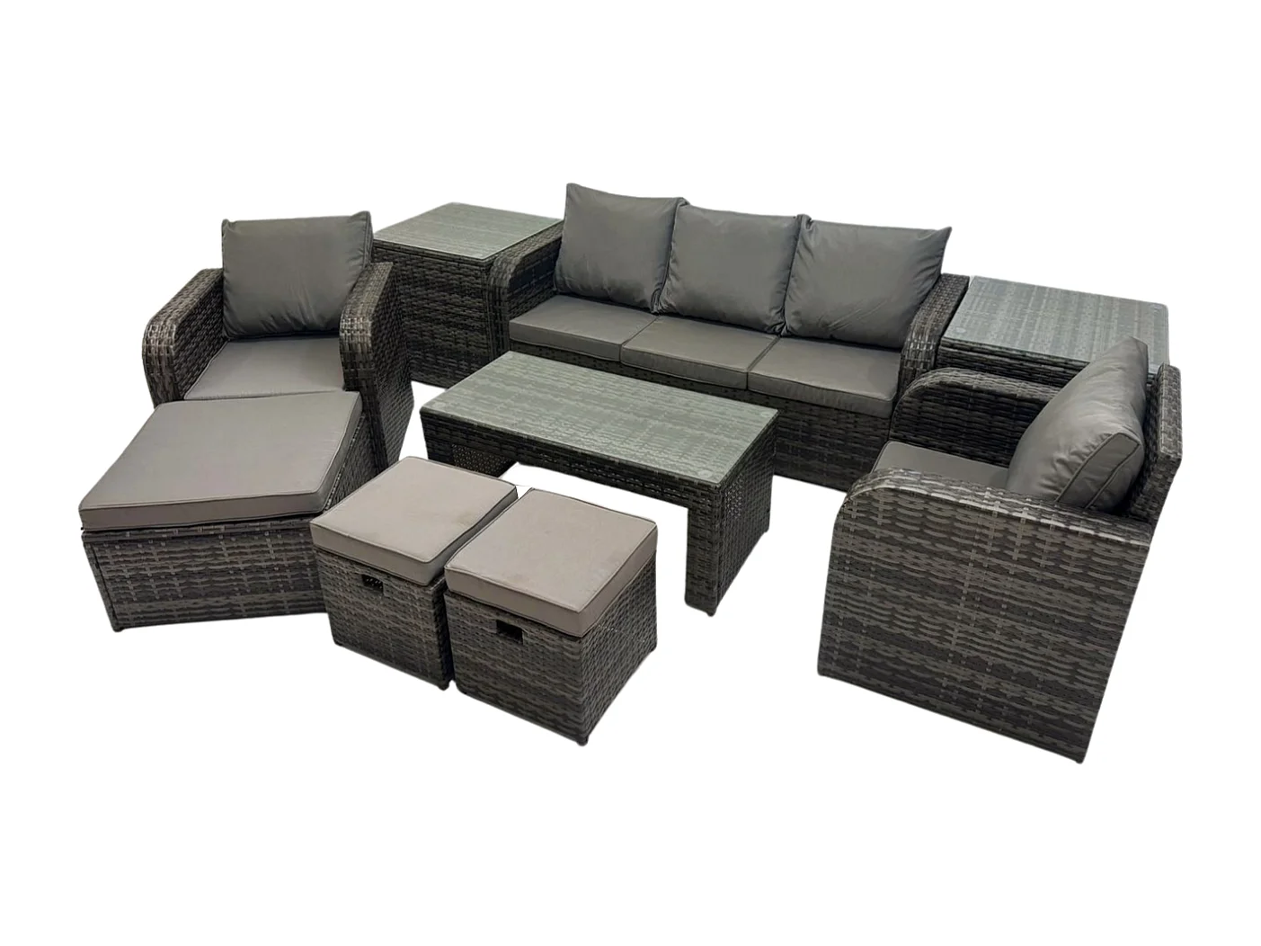 Polyrattan Gartenmöbel Set mit Rechteckiger Couchtisch 2 Beistelltischen 3 Hockern 8-Sitzer Polyrattan Garten Sofa im Freien Set