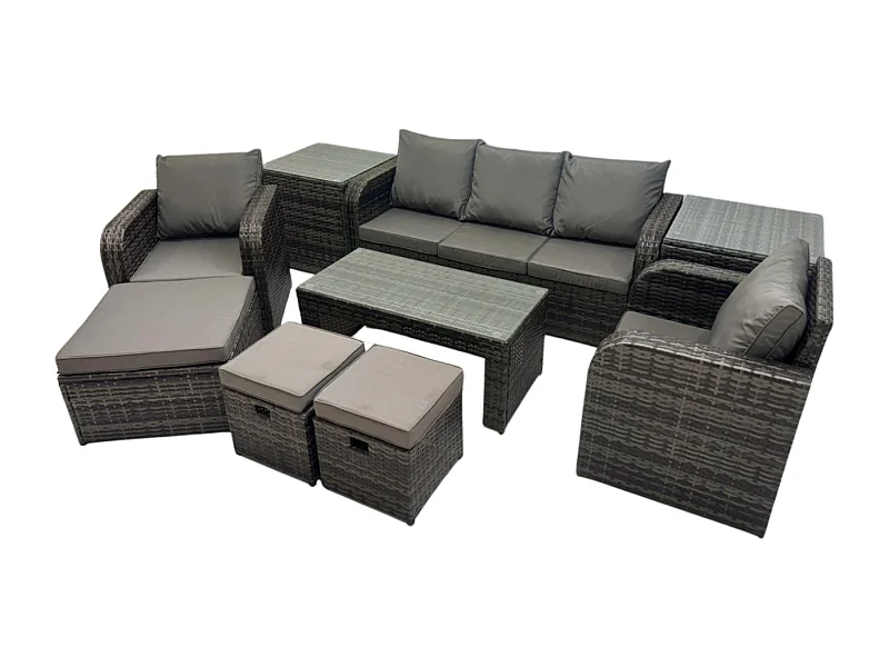 Salon de jardin avec Table basse rectangulaire 2 Tables d'appoint 3 Tabourets 8 places Ensemble de canapés en rotin