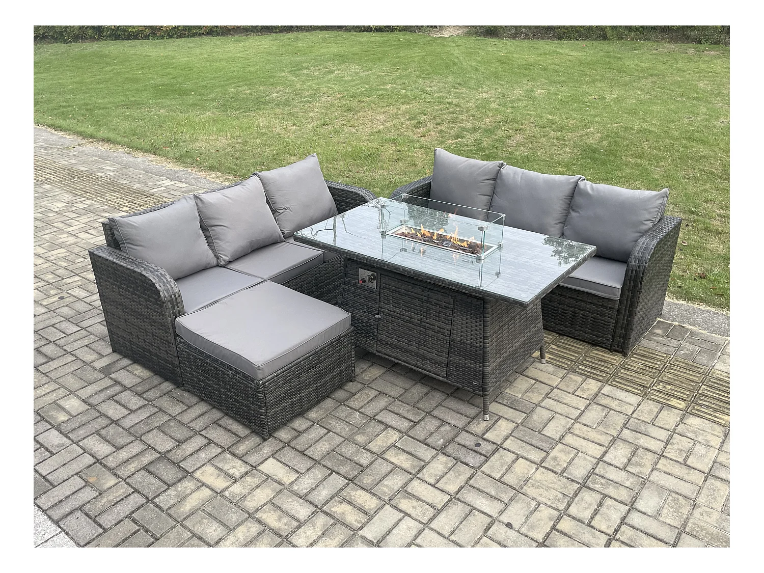 Salon de jardin avec Table de foyer à gaz 7 places Canapé Lounge Set Gris foncé mixte