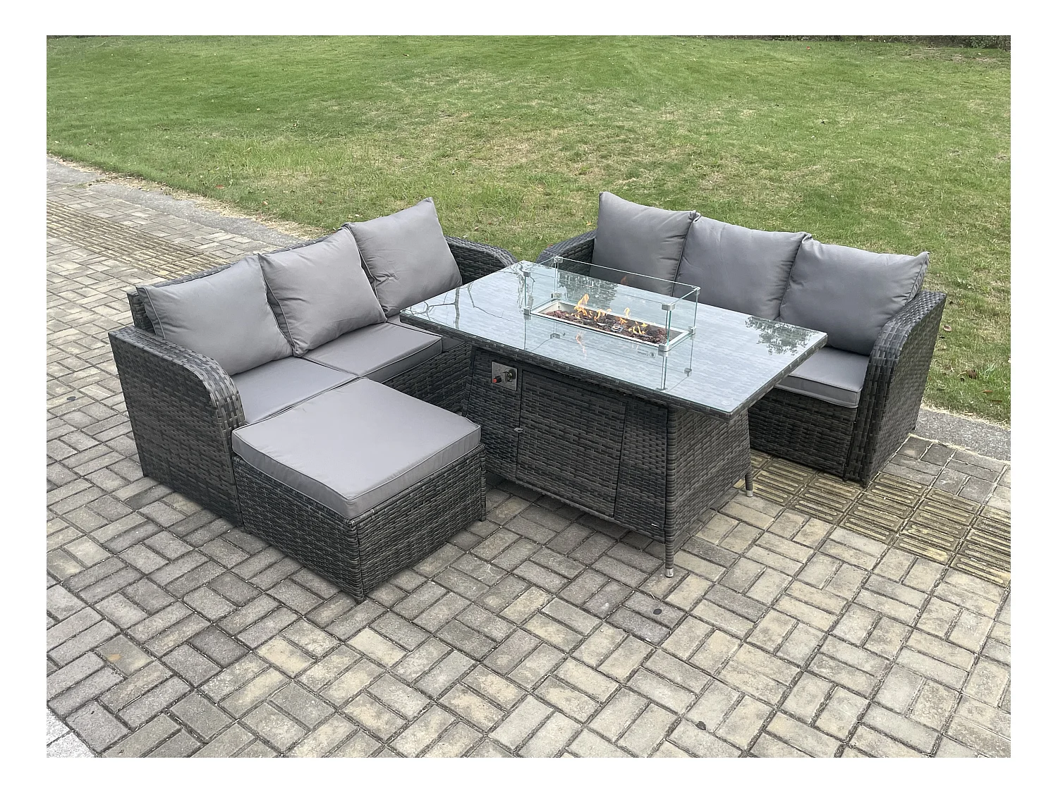 Salon de jardin avec Table de foyer à gaz 7 places Canapé Lounge Set Gris foncé mixte