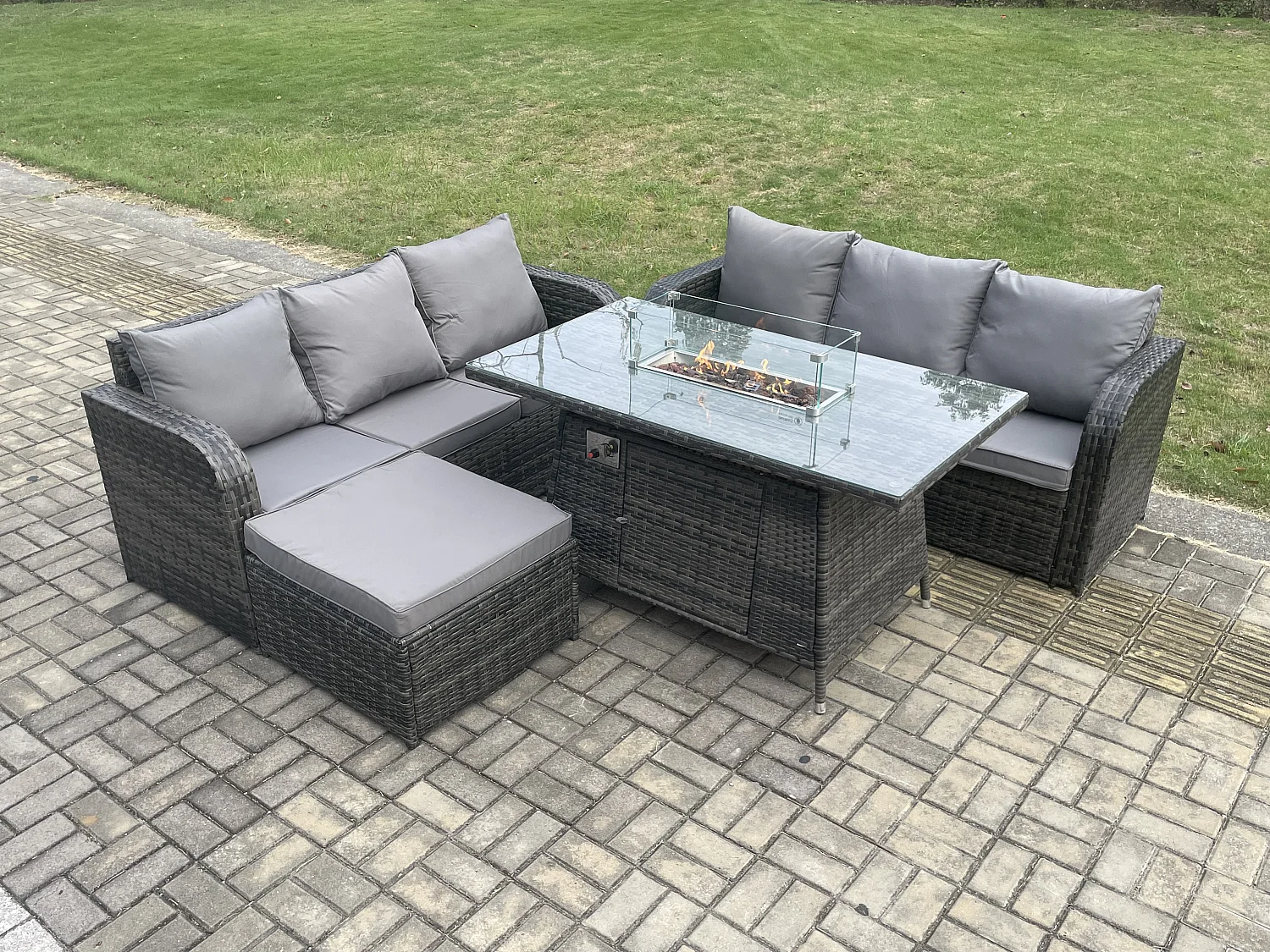 Salon de jardin avec Table de foyer à gaz 7 places Canapé Lounge Set Gris foncé mixte