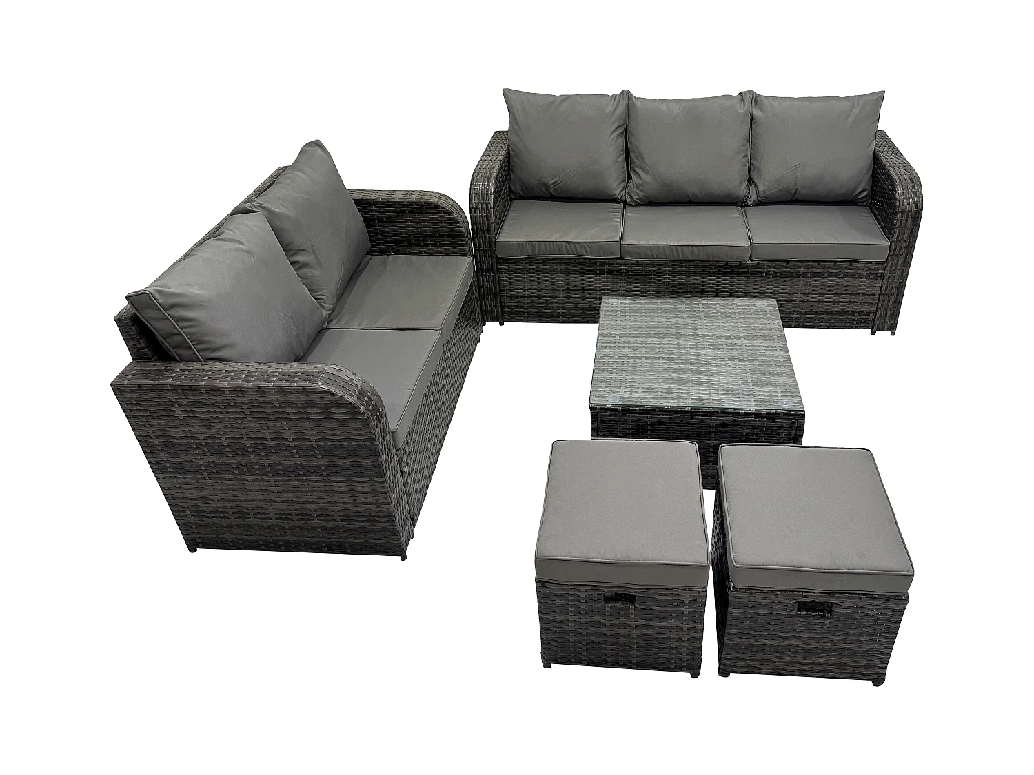 Salon de jardin 7 places Ensemble de canapés en rotin Table basse carrée 2 Petits tabourets