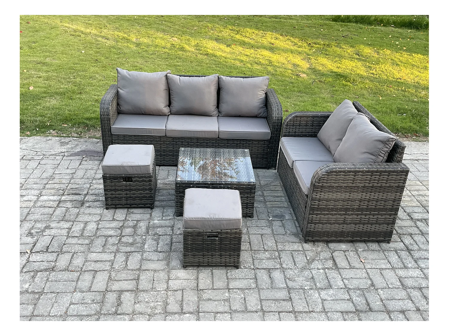 Salon de jardin 7 places Ensemble de canapés en rotin Table basse carrée 2 Petits tabourets