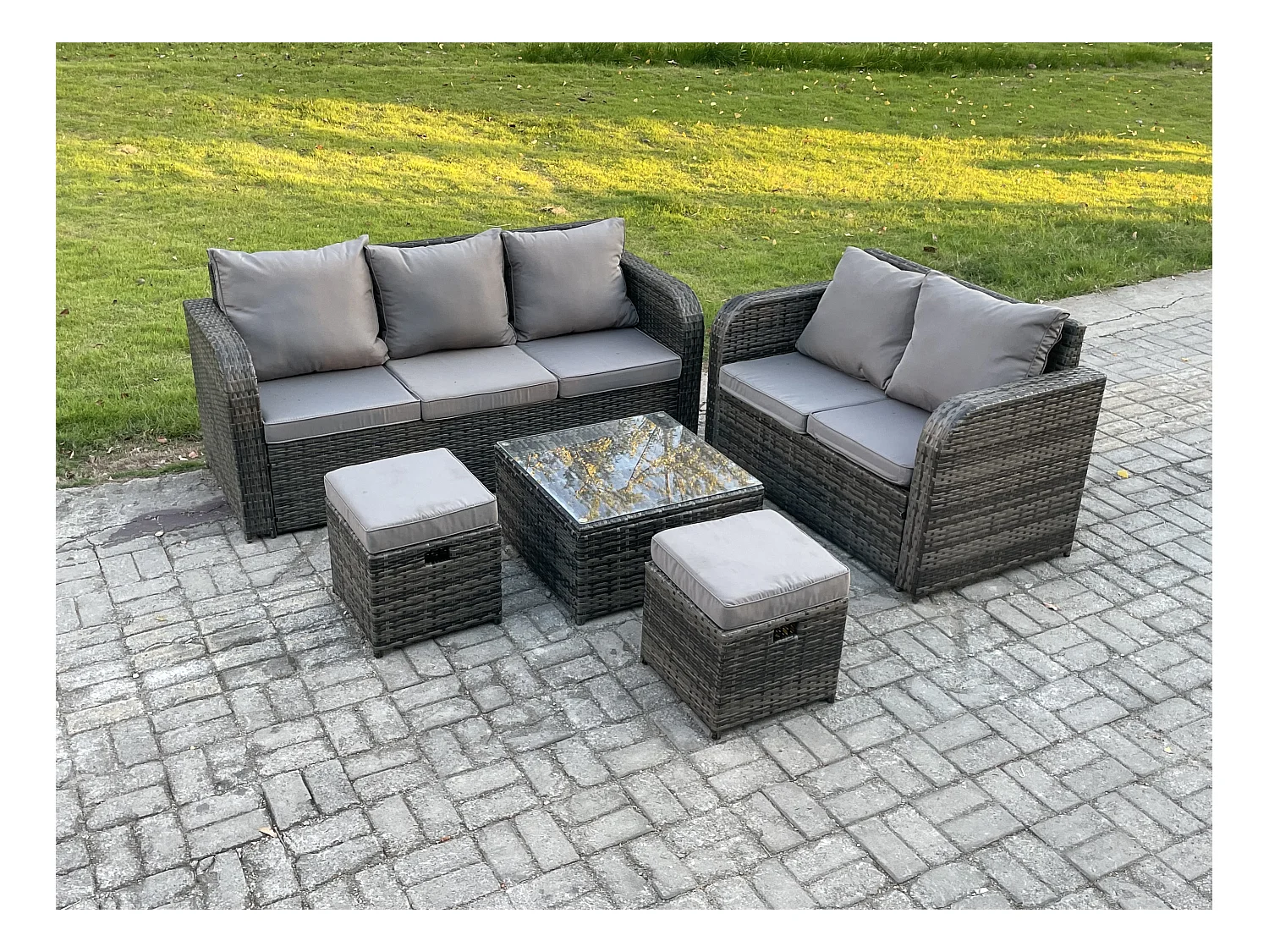 Salon de jardin 7 places Ensemble de canapés en rotin Table basse carrée 2 Petits tabourets