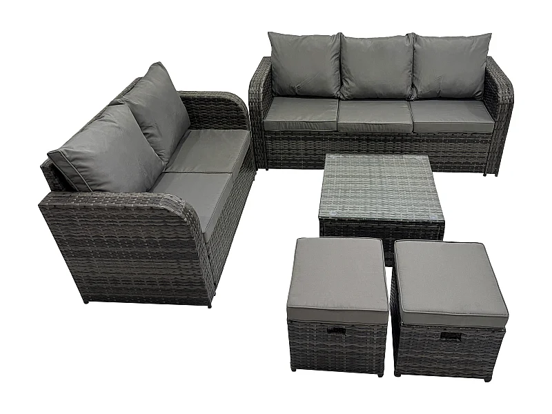 Polyrattan Gartenmöbel Sets 7-Sitzer Garten Sofa im Freien Set Quadratischer Couchtisch 2 kleine Fußhockern