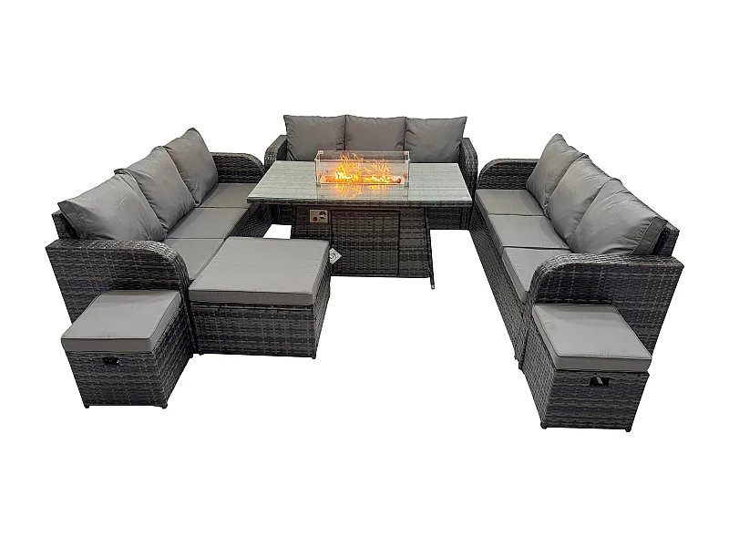 Rattan Gartenmöbel im Freien Gasfeuerstelle Esstisch Set mit Lounge Sofa 3 Hockern