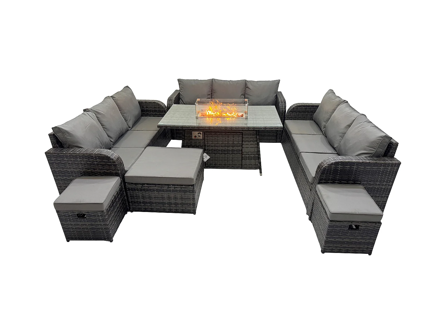 Rattan Gartenmöbel im Freien Gasfeuerstelle Esstisch Set mit Lounge Sofa 3 Hockern