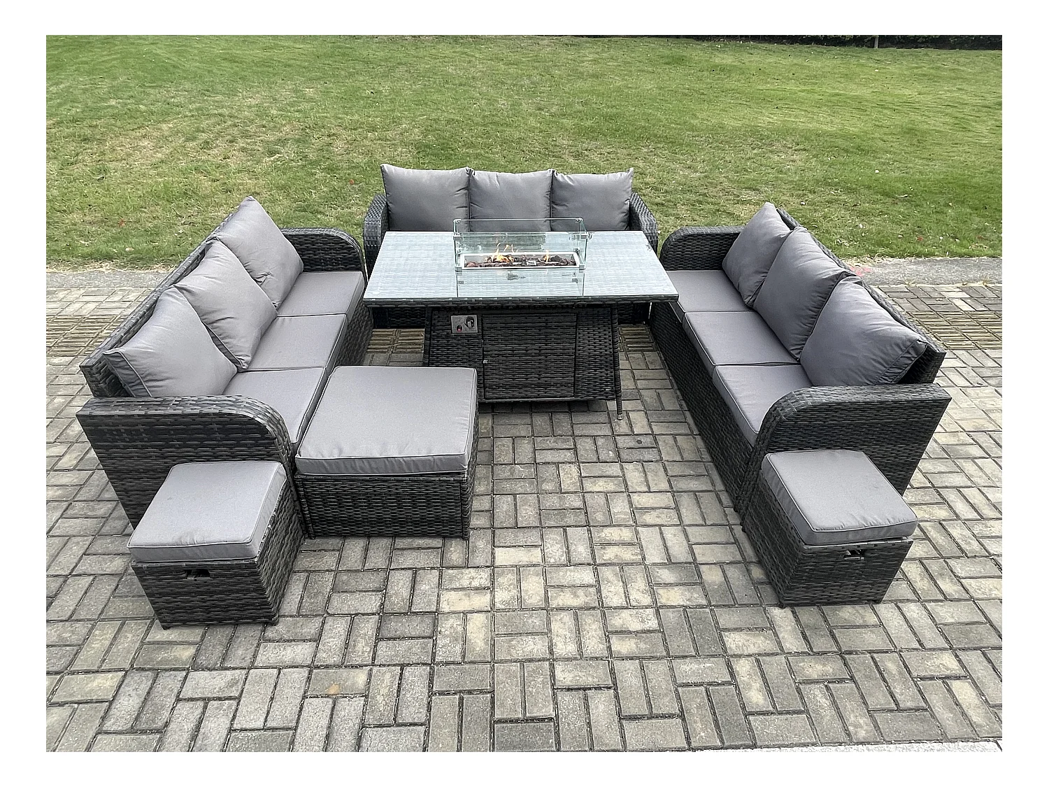 Rattan Gartenmöbel im Freien Gasfeuerstelle Esstisch Set mit Lounge Sofa 3 Hockern