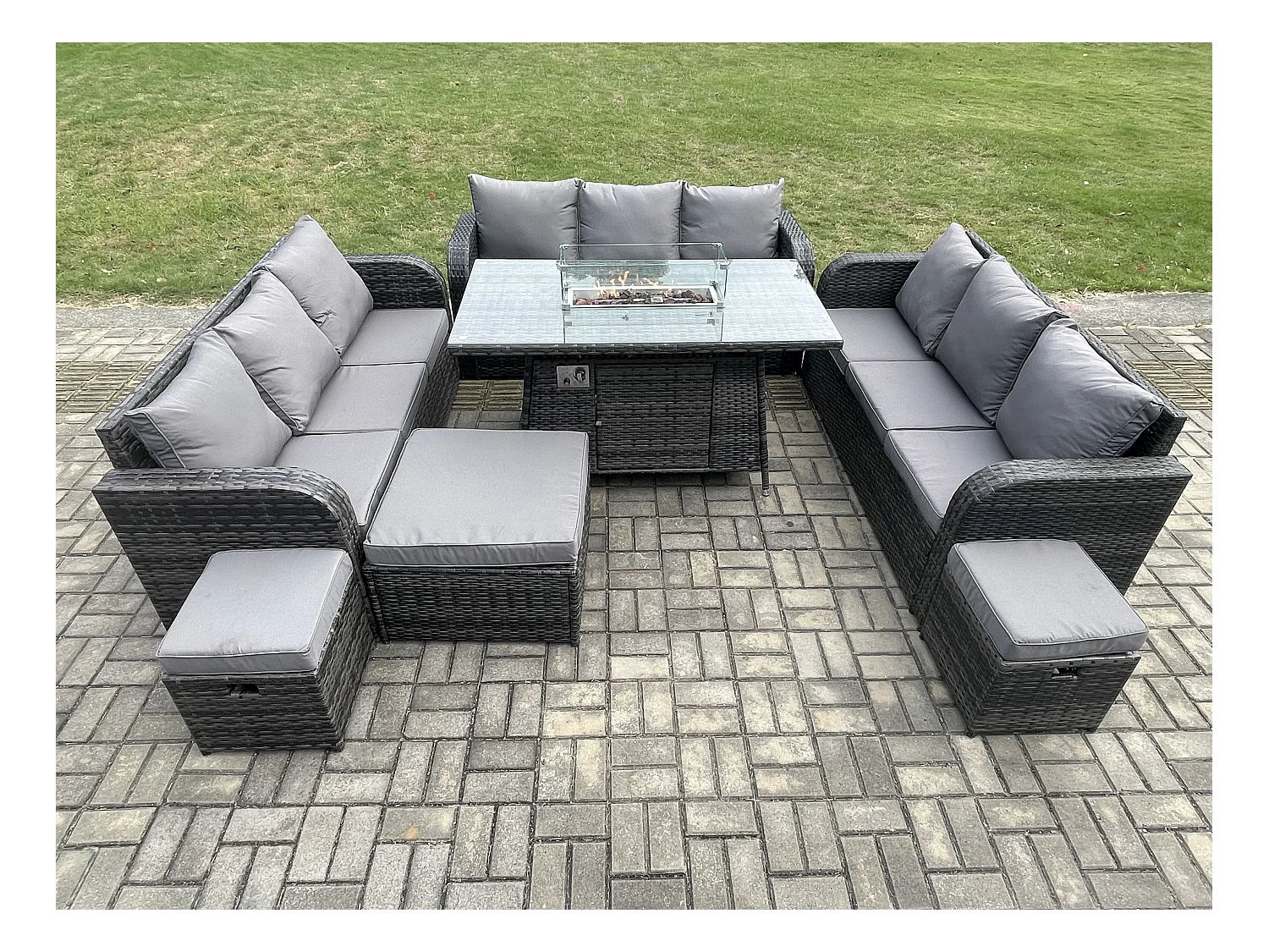 Rattan Gartenmöbel im Freien Gasfeuerstelle Esstisch Set mit Lounge Sofa 3 Hockern