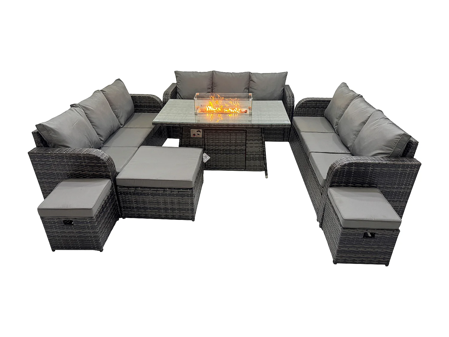 Salon de Jardin en Résine Ensemble Repas de Jardin Exterieur Table de foyer à gaz avec Canapé Lounge 3 Tabourets