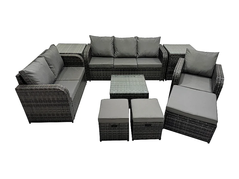 Meubles de jardin en rotin 9 Pièces avec Table basse carrée Chaise inclinable Canapé d'amour Side Canapé 3 places 3 Tabourets 2 Tables d'appoint