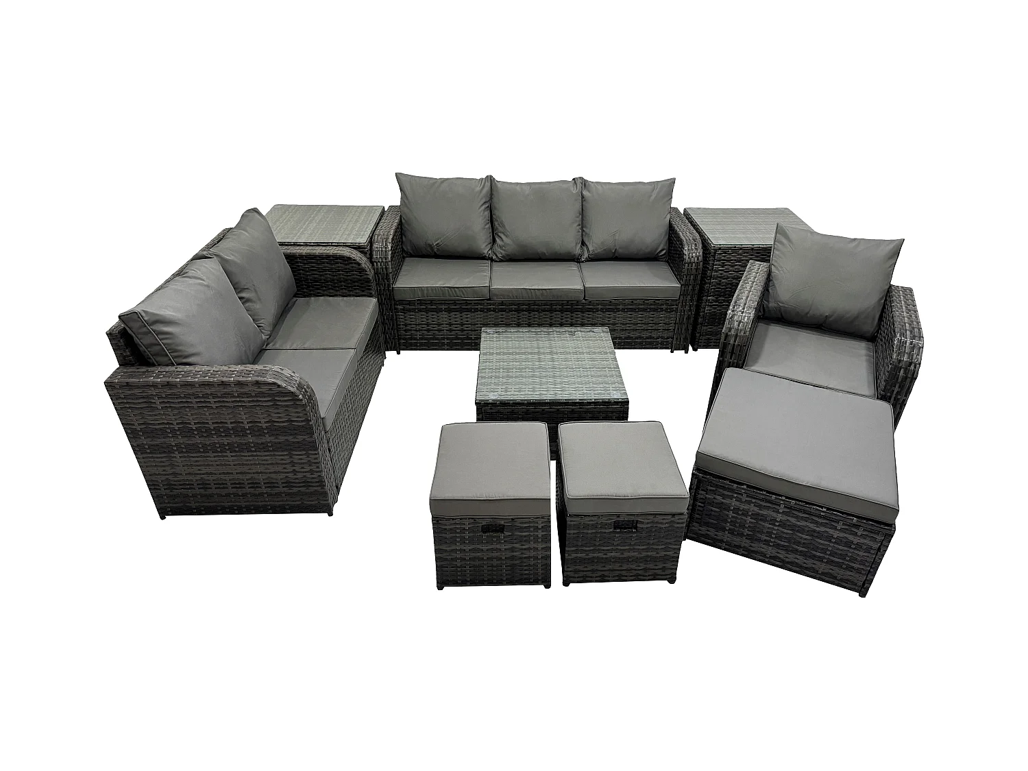 Meubles de jardin en rotin 9 Pièces avec Table basse carrée Chaise inclinable Canapé d'amour Side Canapé 3 places 3 Tabourets 2 Tables d'appoint