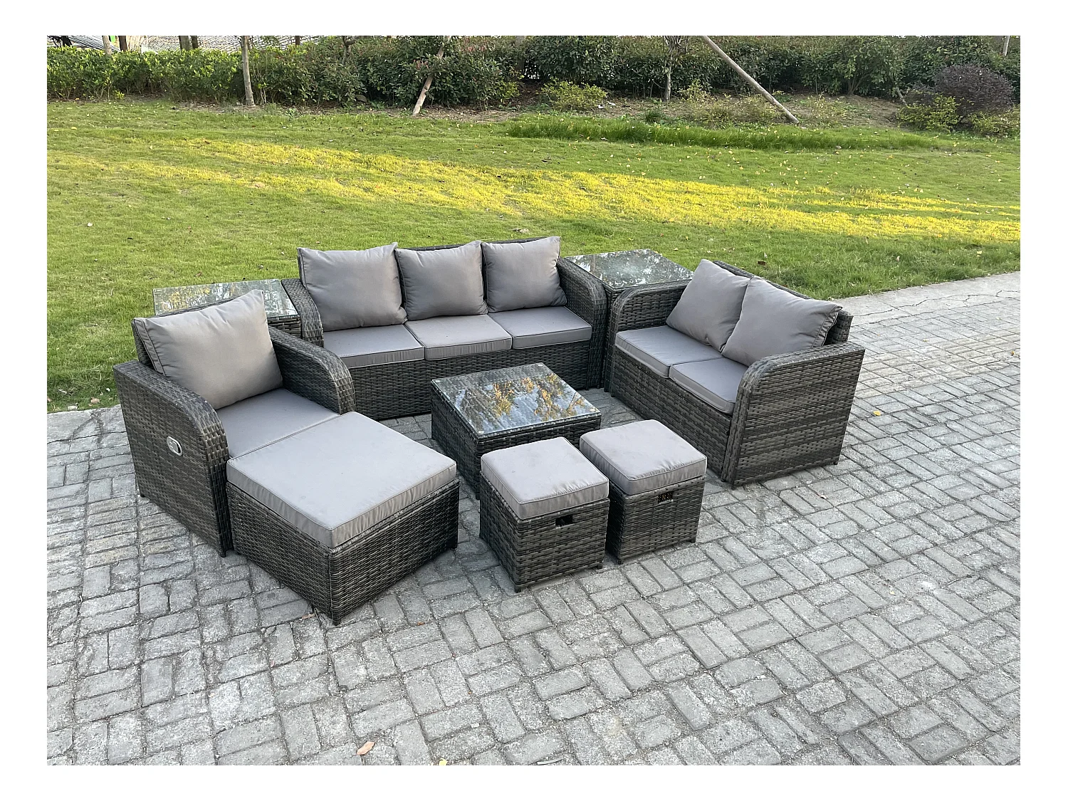 Meubles de jardin en rotin 9 Pièces avec Table basse carrée Chaise inclinable Canapé d'amour Side Canapé 3 places 3 Tabourets 2 Tables d'appoint