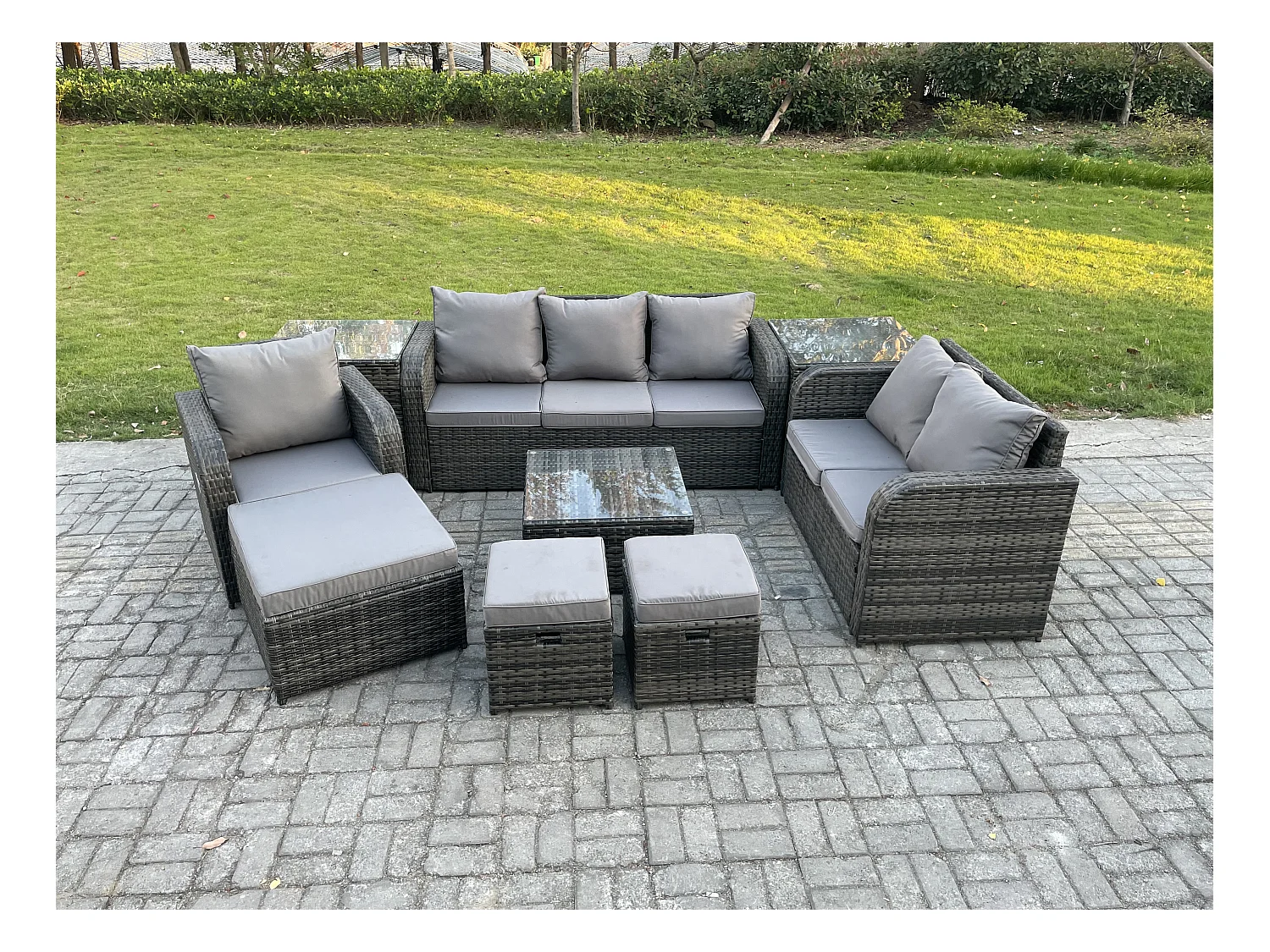 Meubles de jardin en rotin 9 Pièces avec Table basse carrée Chaise inclinable Canapé d'amour Side Canapé 3 places 3 Tabourets 2 Tables d'appoint