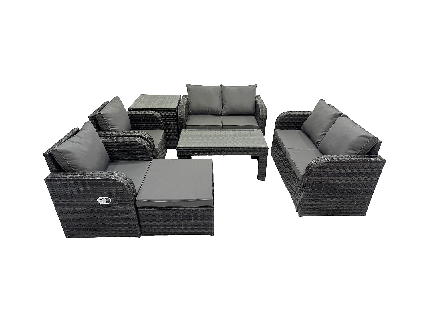 Polyrattan Gartenmöbel Set mit Rechteckiger Couchtisch Beistelltisch 2 Großer Hockern 7-Sitzer Polyrattan Garten Sofa im Freien Set