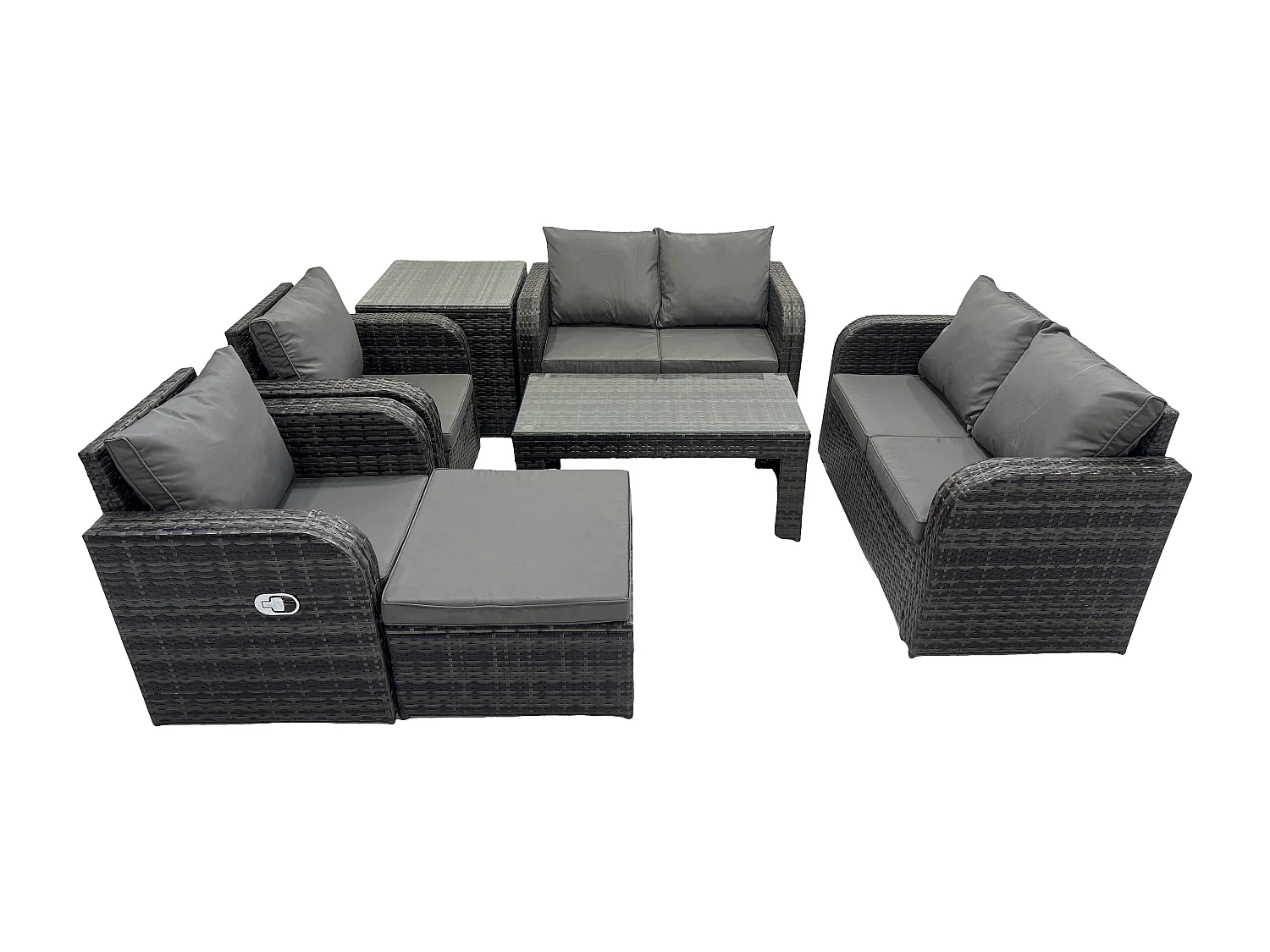 Polyrattan Gartenmöbel Set mit Rechteckiger Couchtisch Beistelltisch 2 Großer Hockern 7-Sitzer Polyrattan Garten Sofa im Freien Set