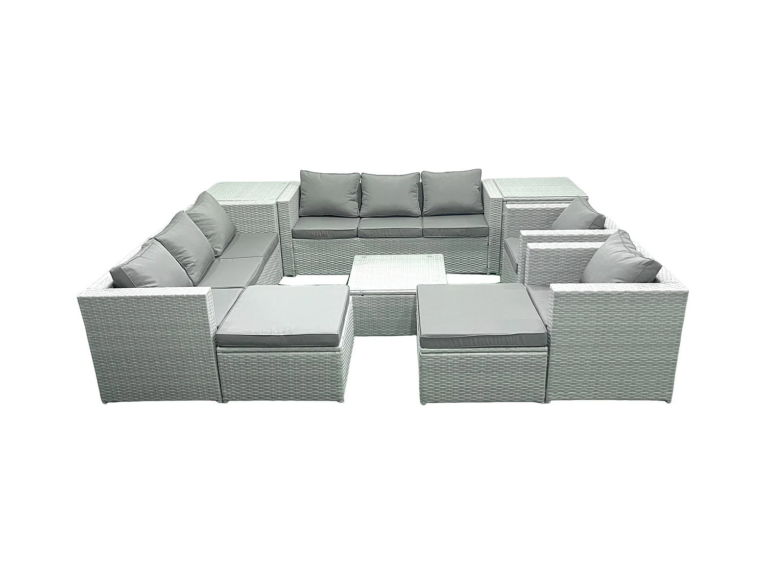 Rattan Sofa Gartenmöbel Set mit 2 Sesseln Quadratischer Couchtisch 2 hohen Hockern 2 Beistelltischen Hellgrau gemischt