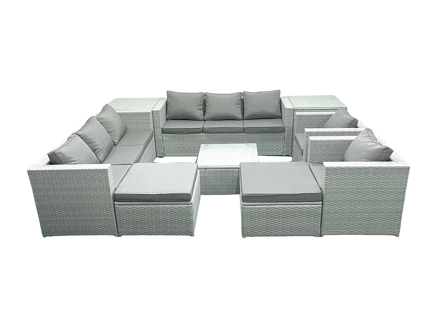 Salon de Jardin en rotin avec 2 Fauteuil Table basse carrée 2 Grand tabourets 2 Tables d'appoint Gris clair mixte