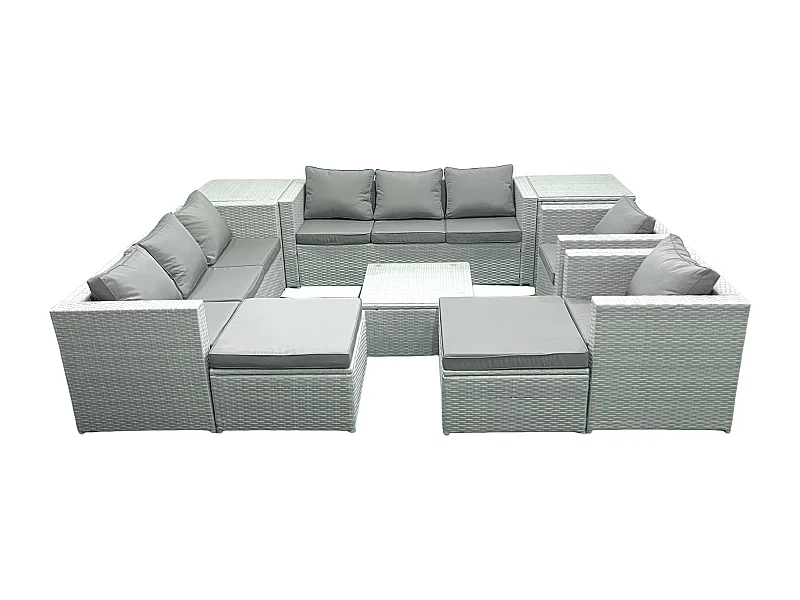 Salon de Jardin en rotin avec 2 Fauteuil Table basse carrée 2 Grand tabourets 2 Tables d'appoint Gris clair mixte