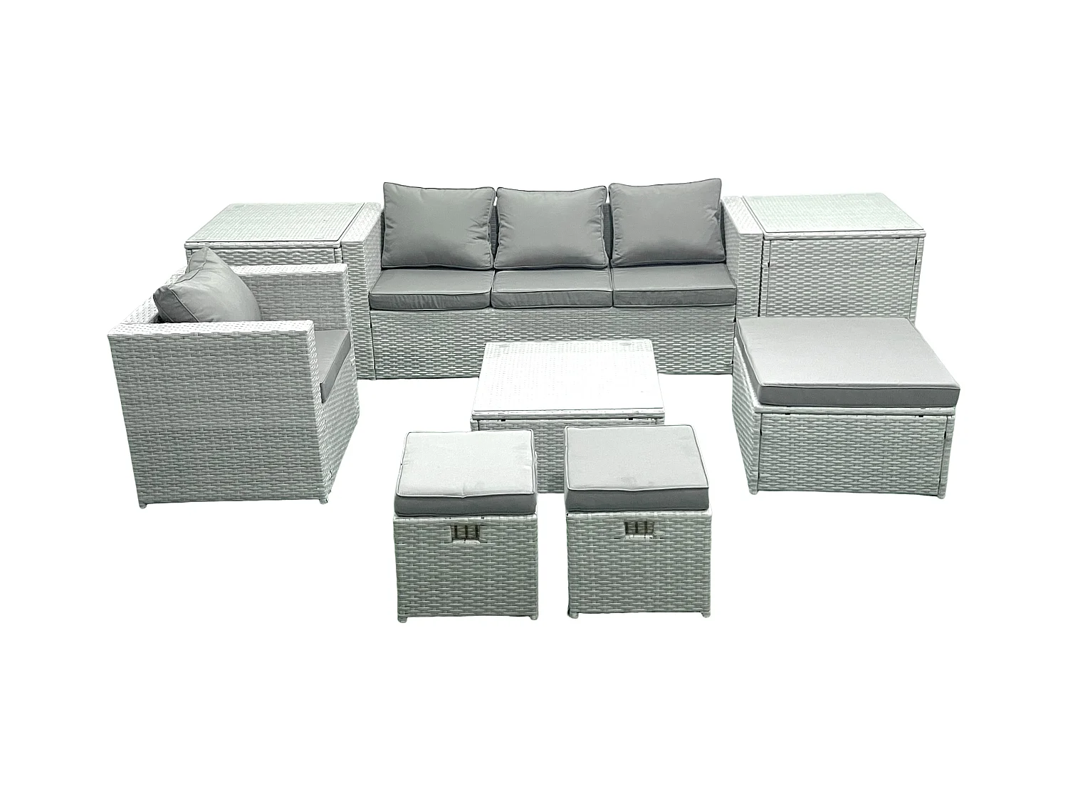 Gartenmöbel-Set 7-Sitzer Polyrattan Sofa Set mit 3 Hockern Sessel 2 Beistelltischen Hellgrau gemischt