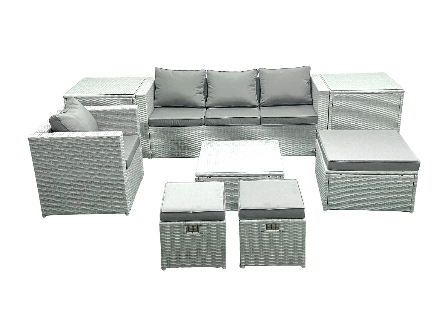 Salon de Jardin Exterieur en Résine 7 places avec Canapé 3 Tabourets Fauteuil 2 Tables d'appoint Gris clair mixte