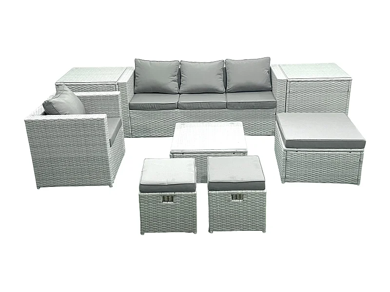 Salon de Jardin Exterieur en Résine 7 places avec Canapé 3 Tabourets Fauteuil 2 Tables d'appoint Gris clair mixte