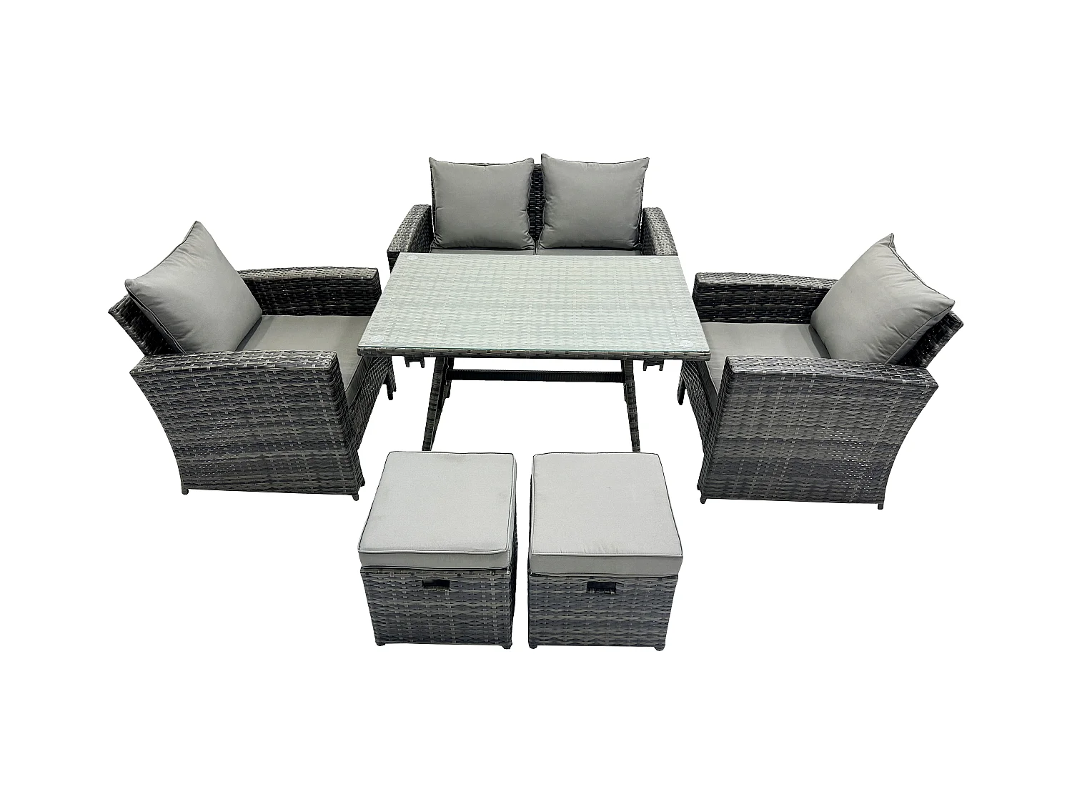 6-Sitzer Rattan Gartenmöbel im Freien Sofa Set mit 2 kleine Fußhockern Dunkelgrau Gemischt