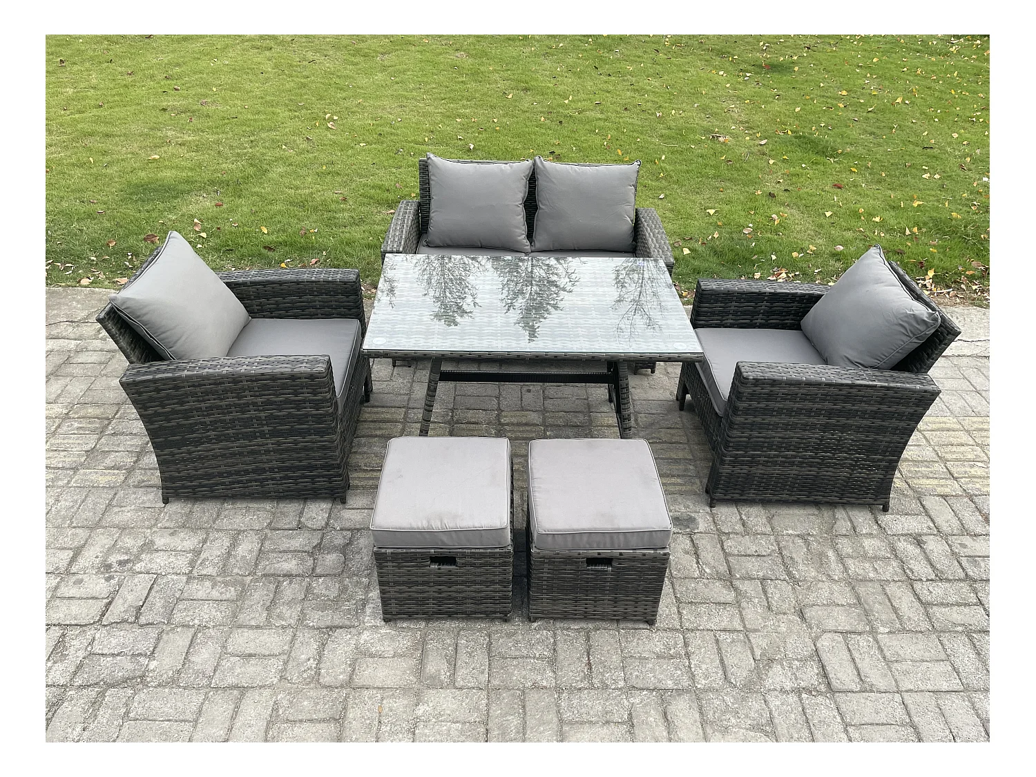 6-Sitzer Rattan Gartenmöbel im Freien Sofa Set mit 2 kleine Fußhockern Dunkelgrau Gemischt