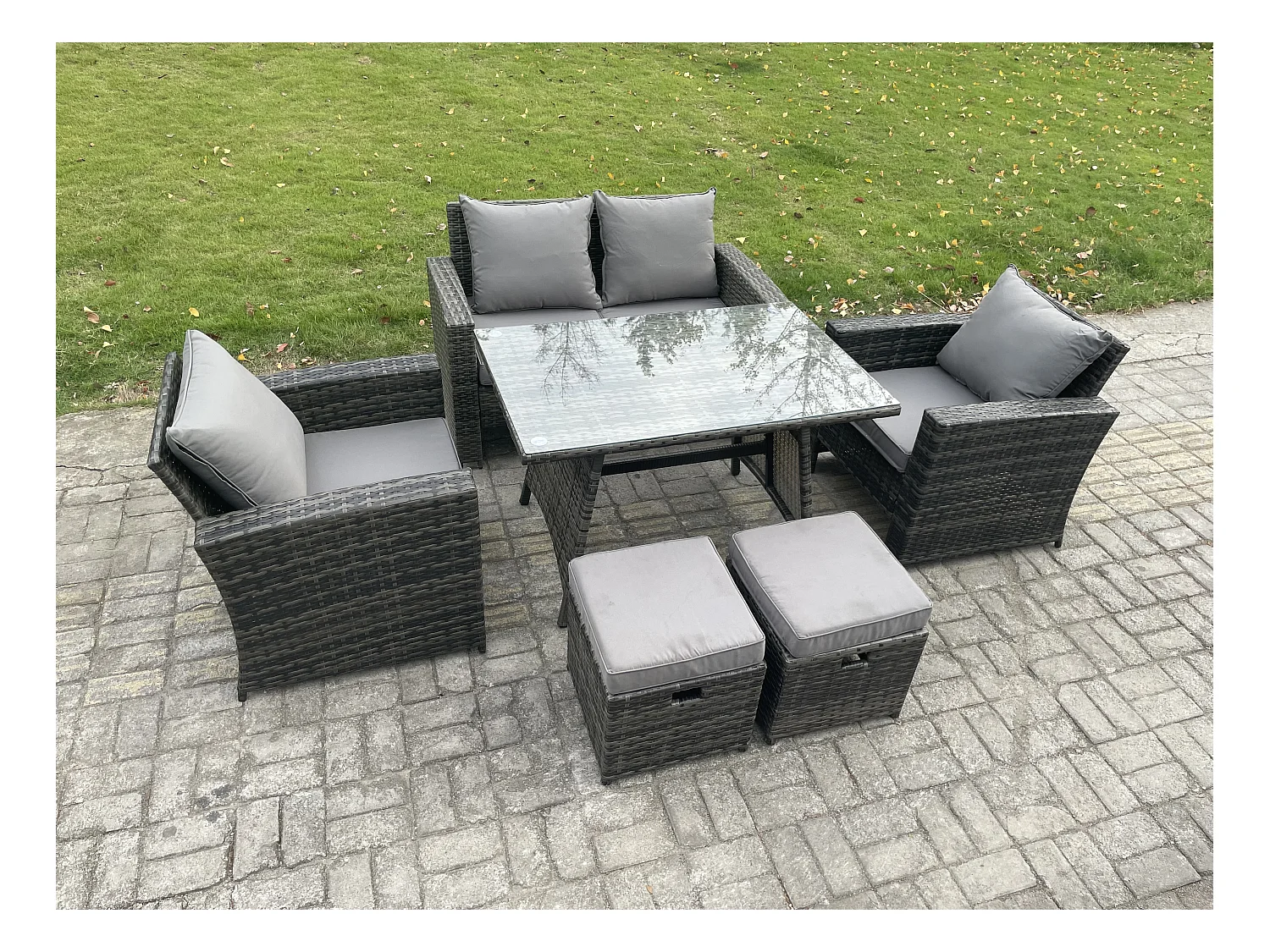 6-Sitzer Rattan Gartenmöbel im Freien Sofa Set mit 2 kleine Fußhockern Dunkelgrau Gemischt