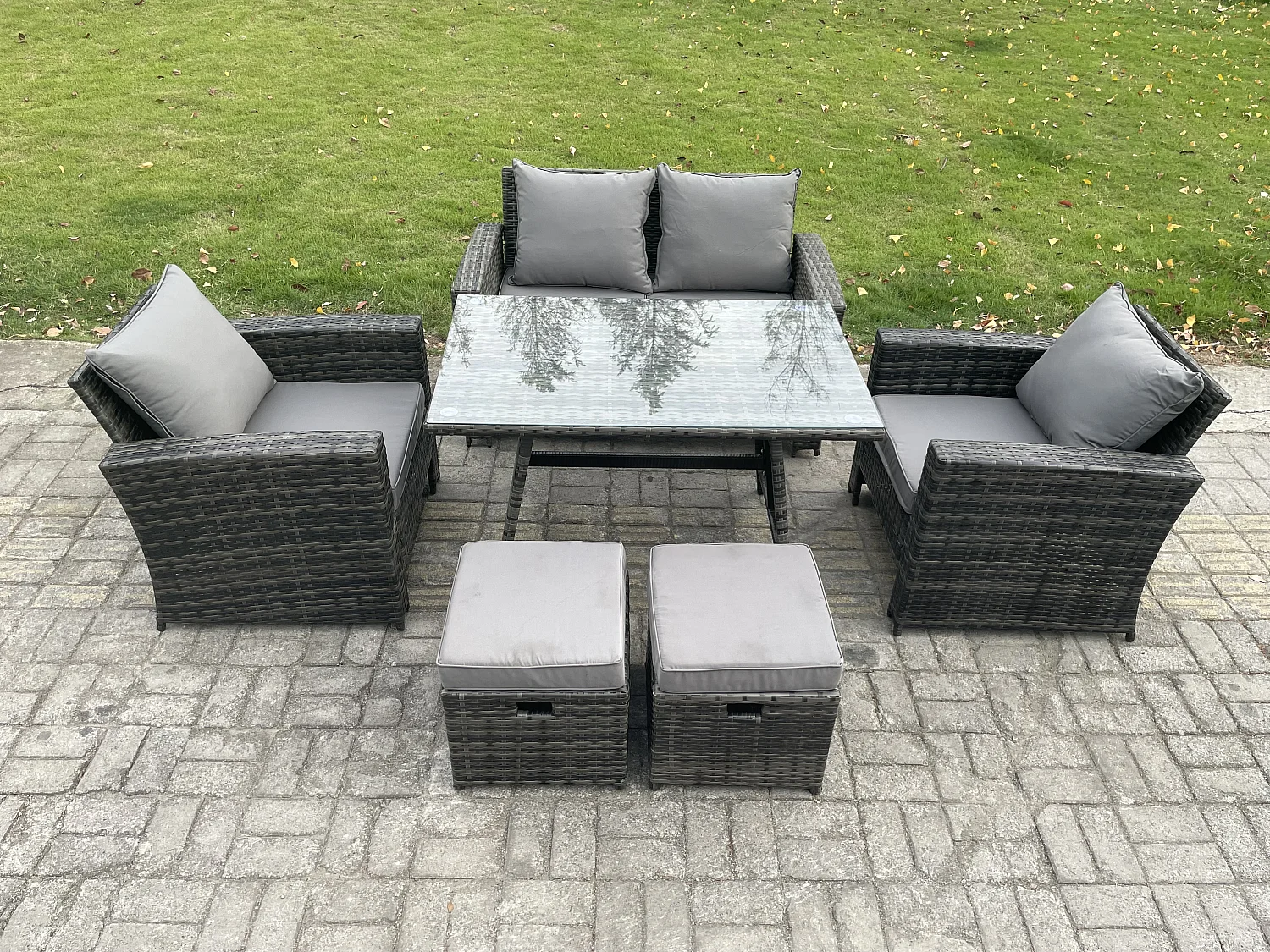 6-Sitzer Rattan Gartenmöbel im Freien Sofa Set mit 2 kleine Fußhockern Dunkelgrau Gemischt
