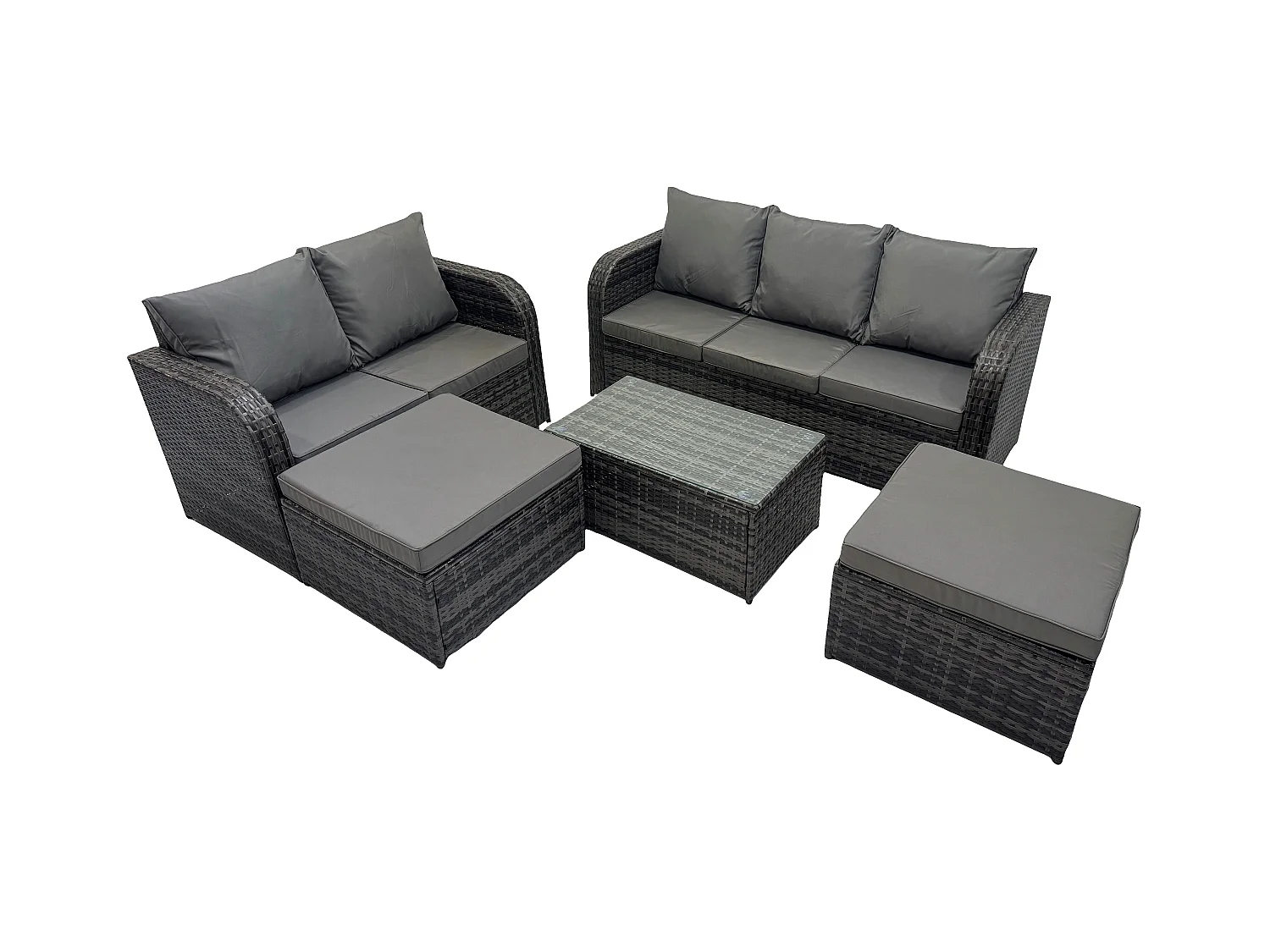 7-Sitzer Hoher Rücken Rattan Gartenmöbel Sets mit Rechteckiger Couchtisch 3-Sitzer Sofa Love Sofa 2 hohen Hockern