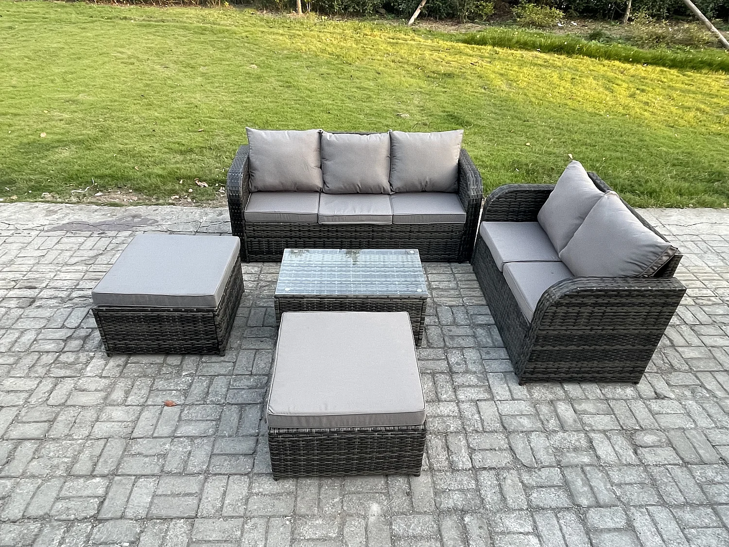 7 places Ensemble de Meubles de Jardin avec Table basse rectangulaire Canapé 3 places Canapé d'amour 2 Grand tabourets