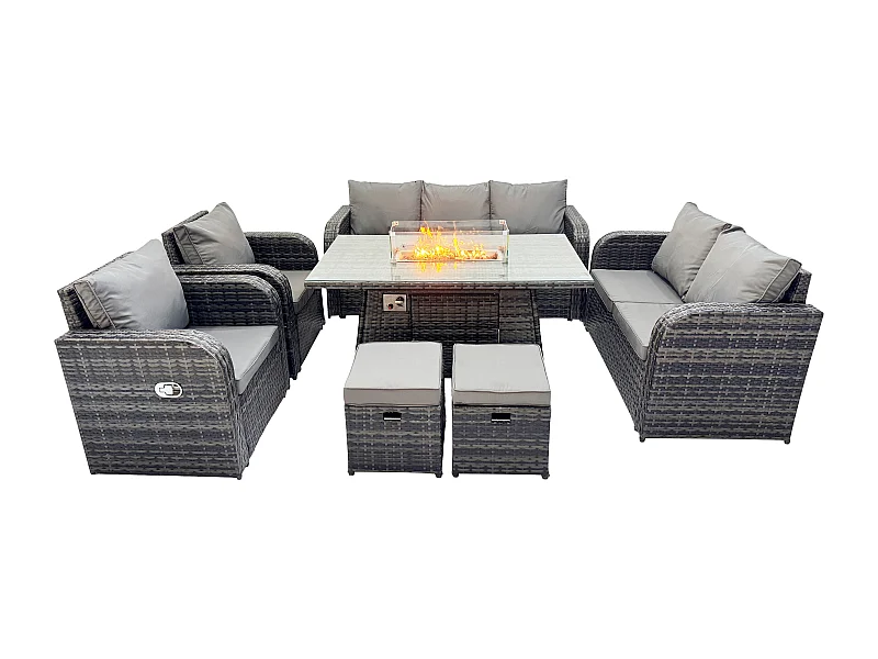 Ensemble Salon de Jardin Extérieur en polyrotin Table de foyer à gaz et Canapé Fauteuil avec 2 Petits tabourets Gris foncé mixte