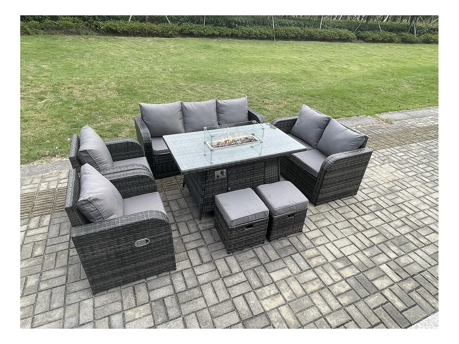 Ensemble Salon de Jardin Extérieur en polyrotin Table de foyer à gaz et Canapé Fauteuil avec 2 Petits tabourets Gris foncé mixte