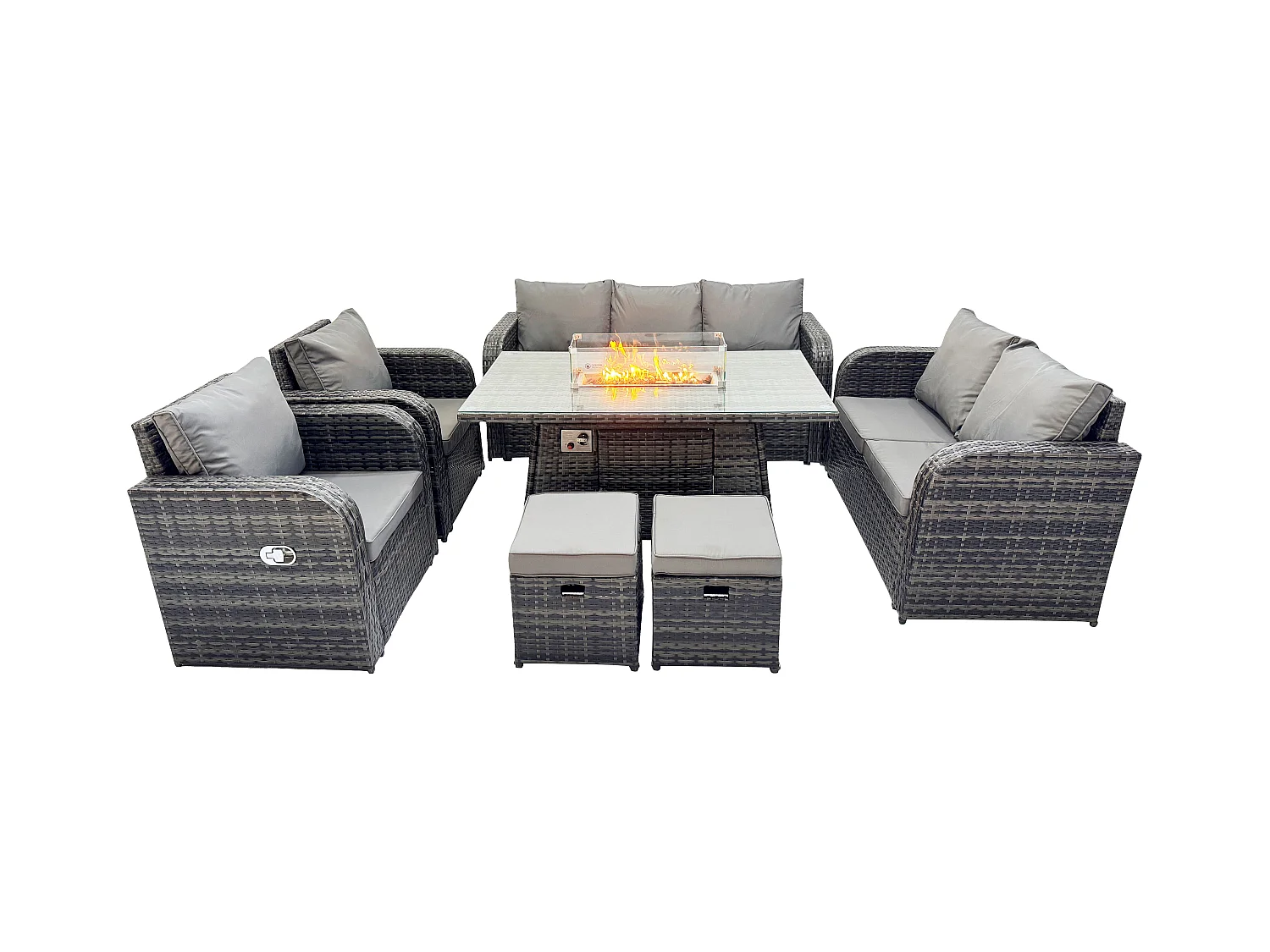 Polyrattan Gartenmöbel Set Garten Sofa im Freien Gasfeuerstelle Esstisch Set mit 2 kleine Fußhockern Dunkelgrau Gemischt