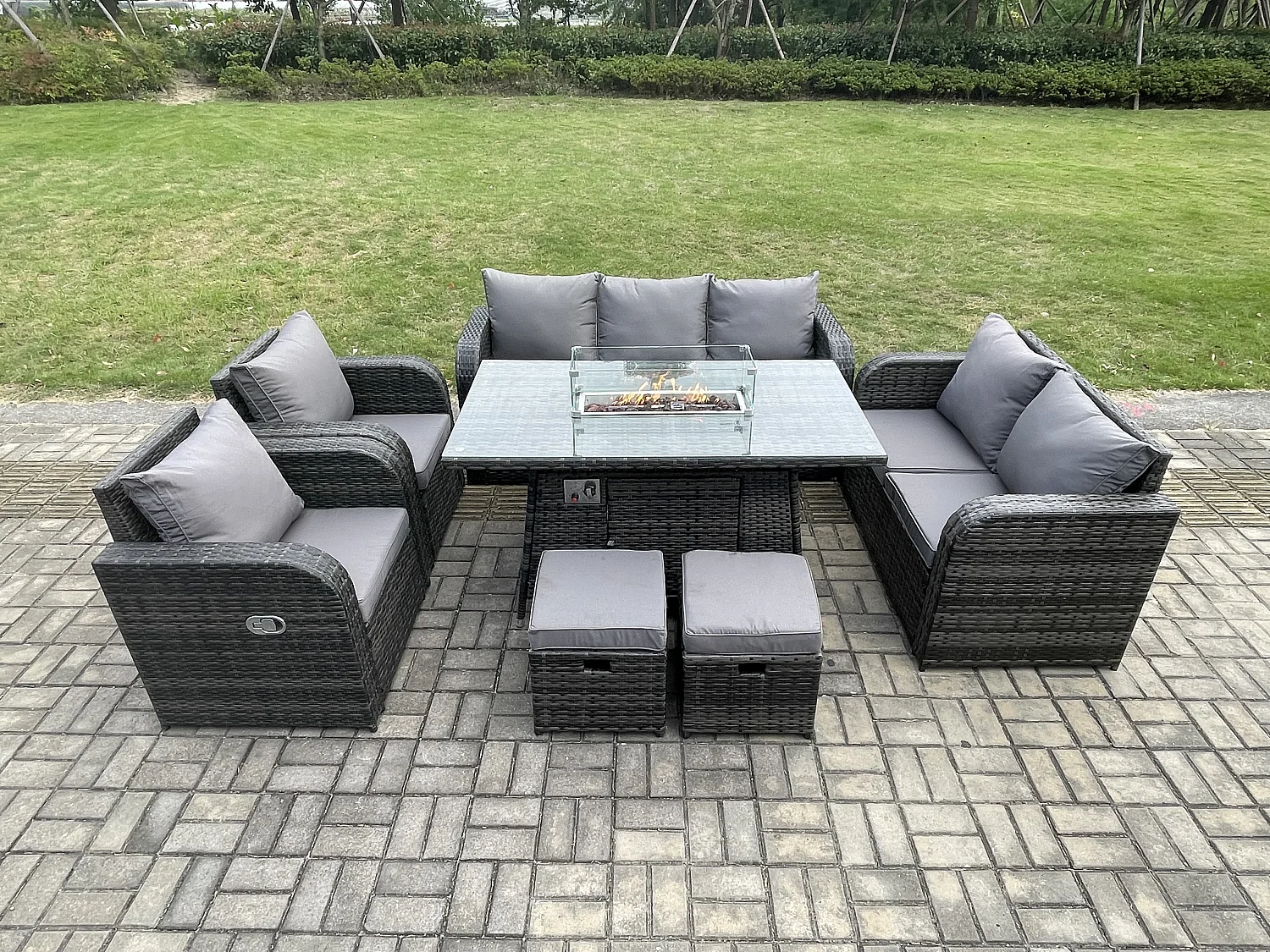 Polyrattan Gartenmöbel Set Garten Sofa im Freien Gasfeuerstelle Esstisch Set mit 2 kleine Fußhockern Dunkelgrau Gemischt