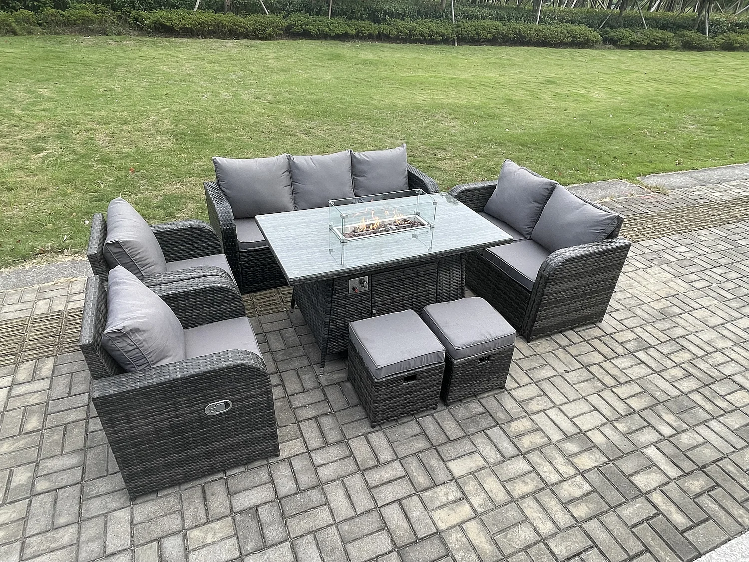 Polyrattan Gartenmöbel Set Garten Sofa im Freien Gasfeuerstelle Esstisch Set mit 2 kleine Fußhockern Dunkelgrau Gemischt