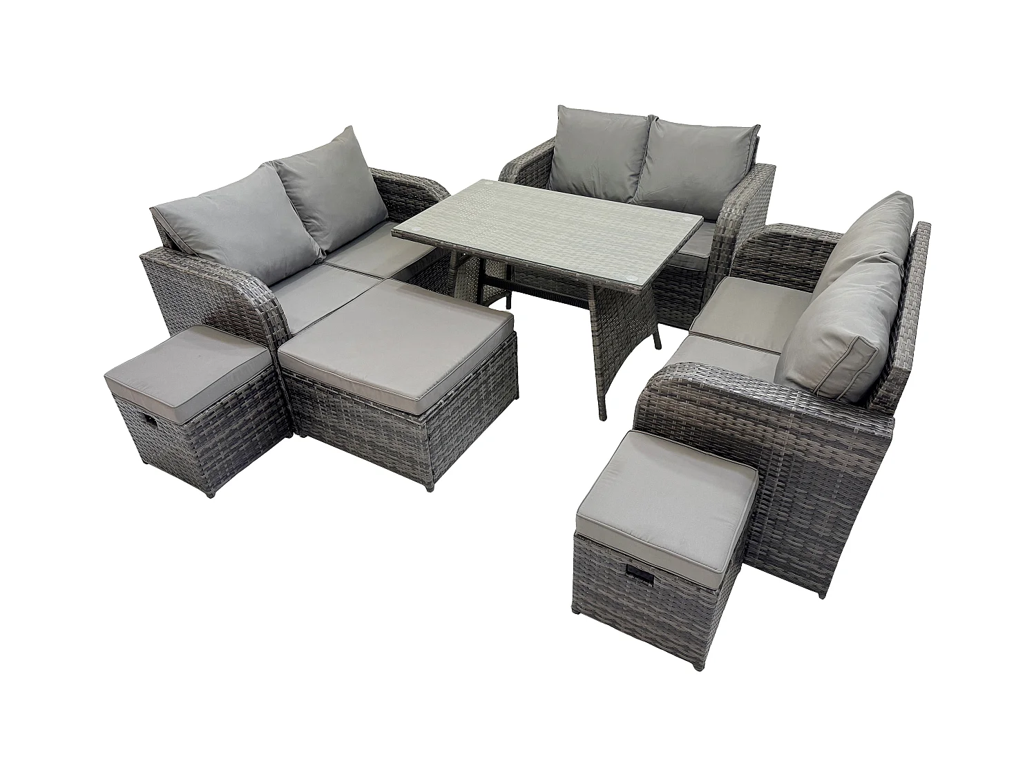 Salon de jardin exterieur 9 places avec Canapé d'amour Table à manger rectangulaire 3 Tabourets Gris foncé mixte