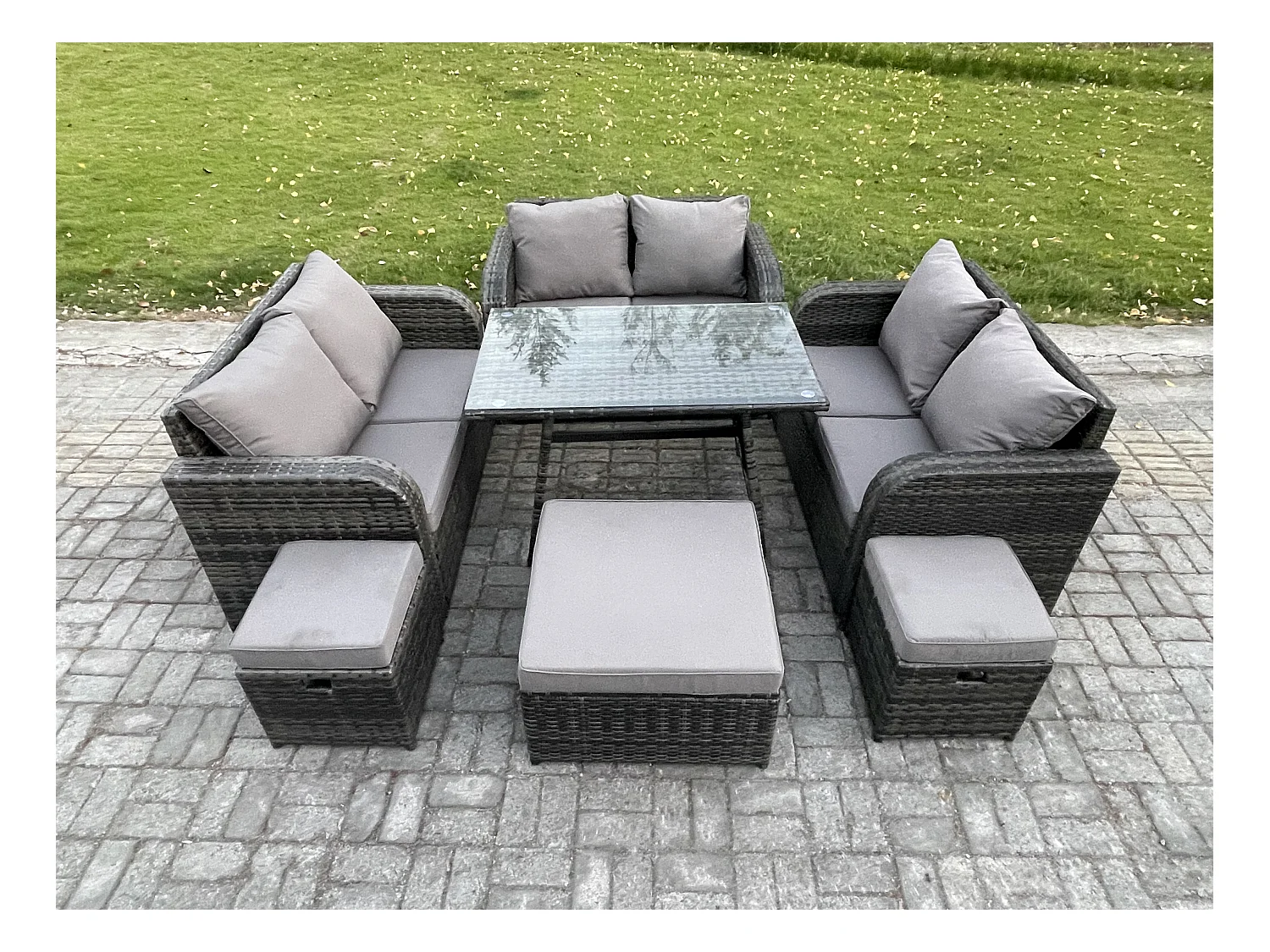 Salon de jardin exterieur 9 places avec Canapé d'amour Table à manger rectangulaire 3 Tabourets Gris foncé mixte