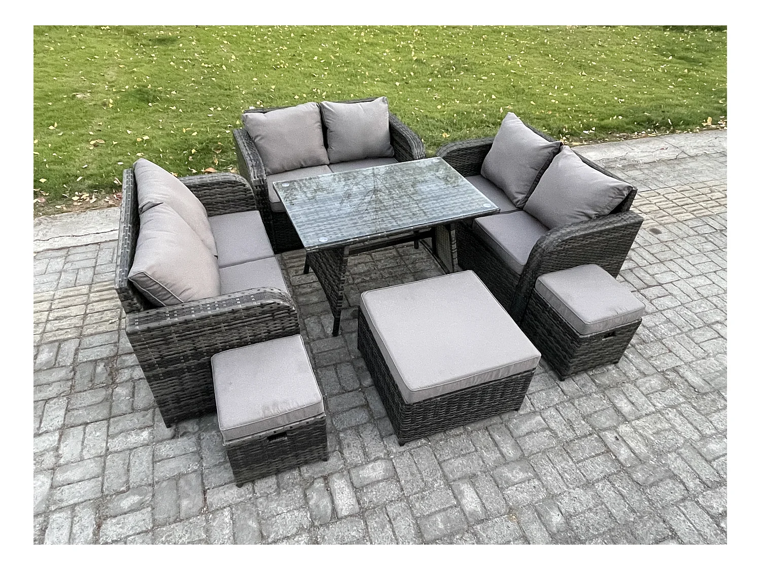 Salon de jardin exterieur 9 places avec Canapé d'amour Table à manger rectangulaire 3 Tabourets Gris foncé mixte