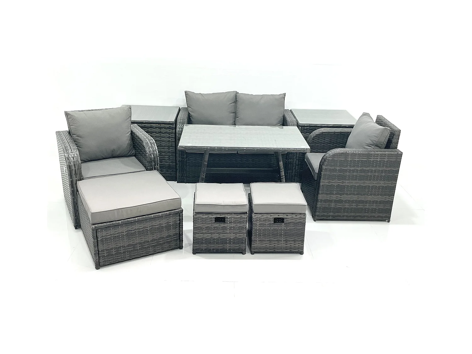 Gartenmöbel-Set Rattan Sofa Esstisch Set mit Liegestühle 3 Hockern 2 Beistelltisch Dunkelgrau Gemischt