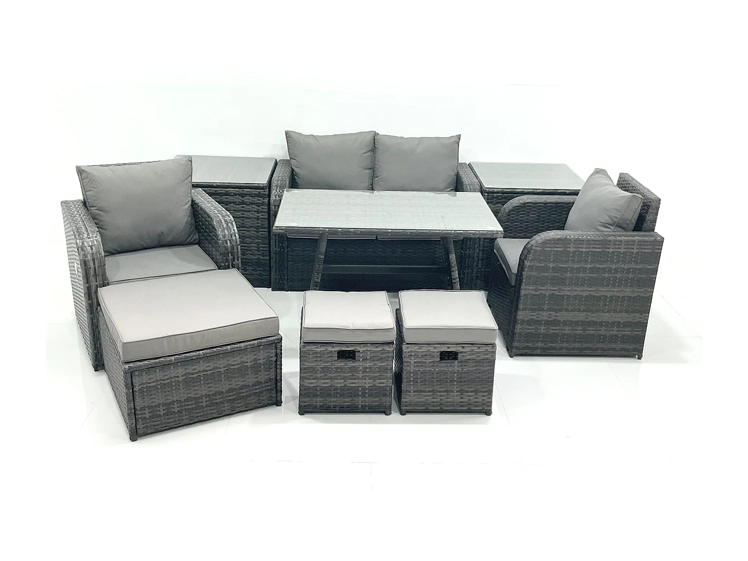 Ensemble de meubles de jardin en polyrotin Rattan Canapé avec Table à manger Chaise inclinable 3 Tabourets 2 Tables d'appoint Gris foncé mixte