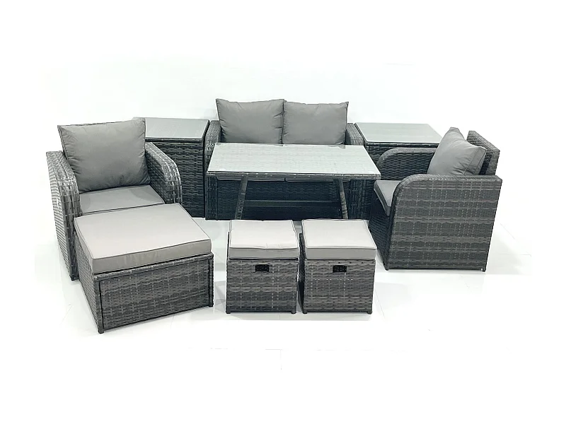 Ensemble de meubles de jardin en polyrotin Rattan Canapé avec Table à manger Chaise inclinable 3 Tabourets 2 Tables d'appoint Gris foncé mixte