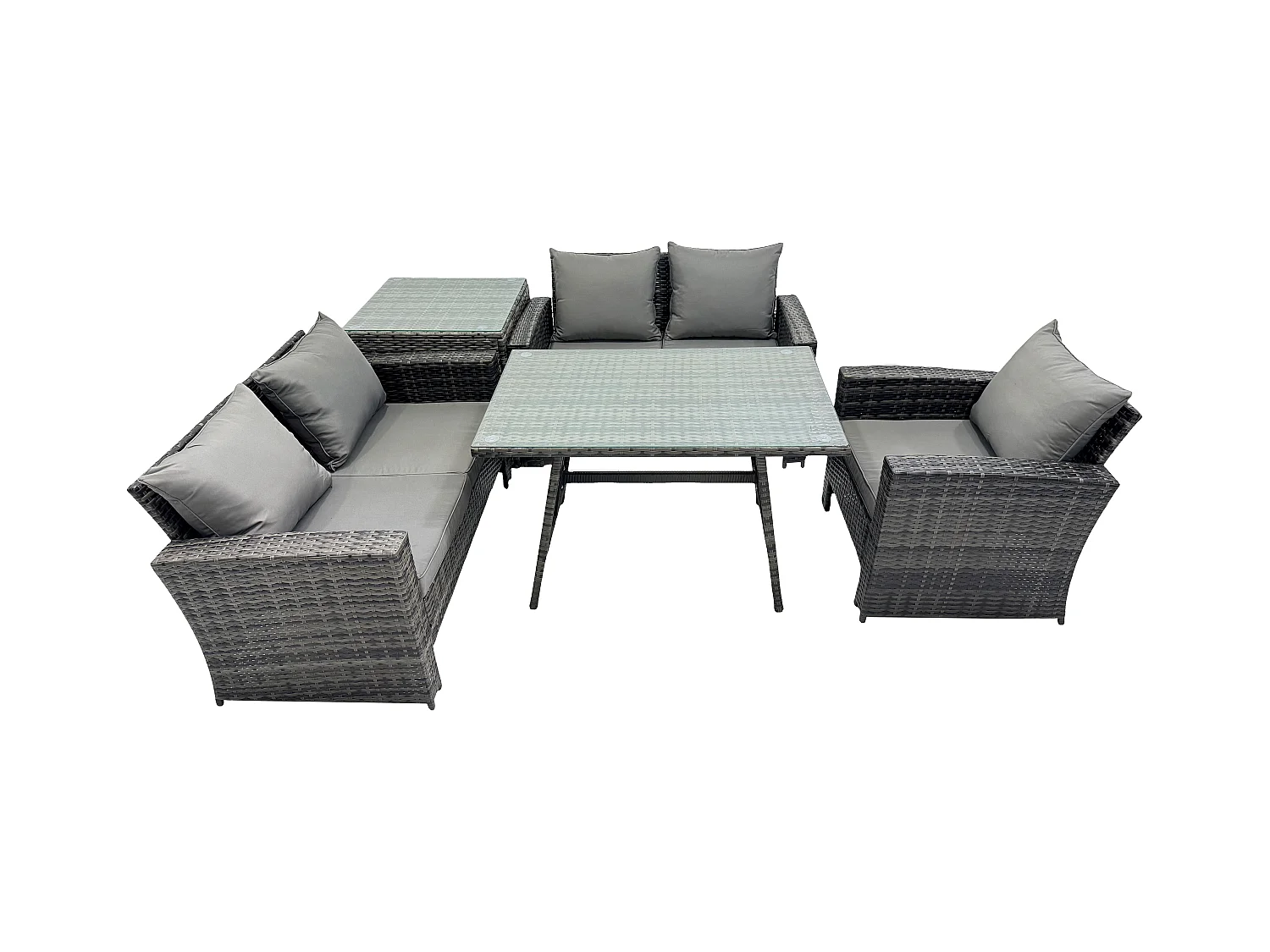 Polyrattan Garten Esstisch Set Gartenmöbel Sofa mit Rechteckiger Esstisch Loveseat Sofa Beistelltisch Dunkelgrau Gemischt