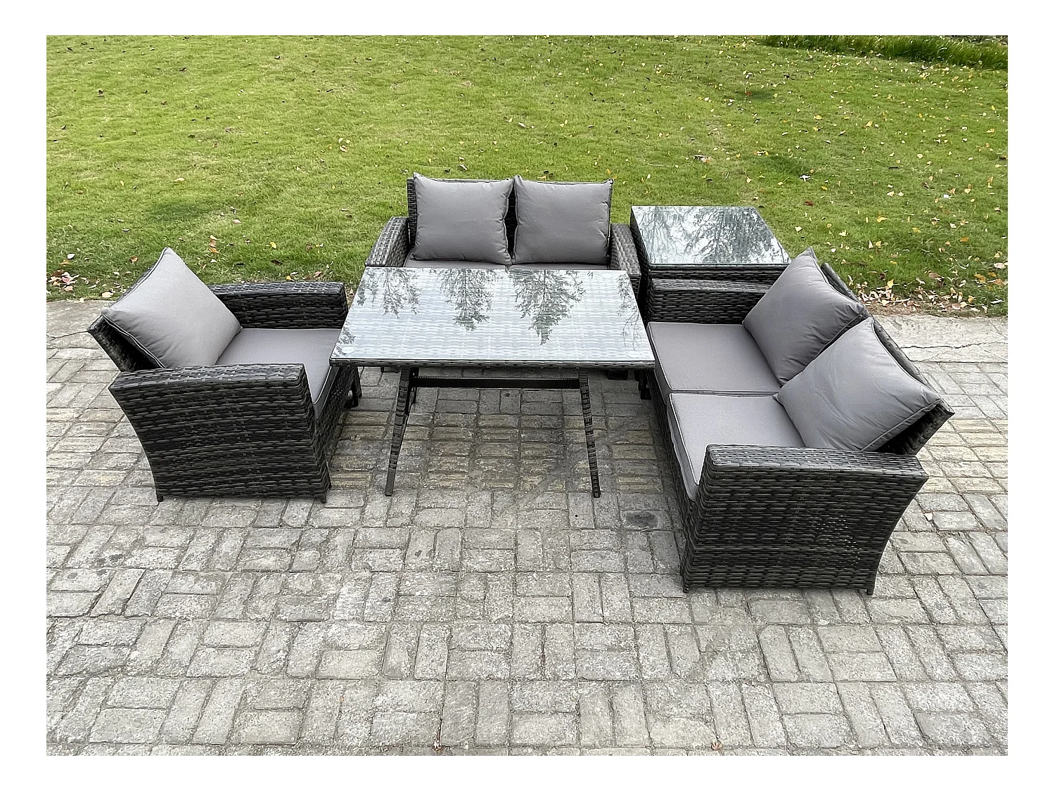 Polyrattan Garten Esstisch Set Gartenmöbel Sofa mit Rechteckiger Esstisch Loveseat Sofa Beistelltisch Dunkelgrau Gemischt