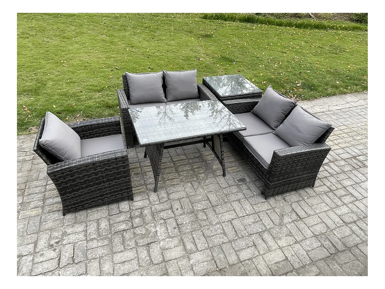 Polyrattan Garten Esstisch Set Gartenmöbel Sofa mit Rechteckiger Esstisch Loveseat Sofa Beistelltisch Dunkelgrau Gemischt
