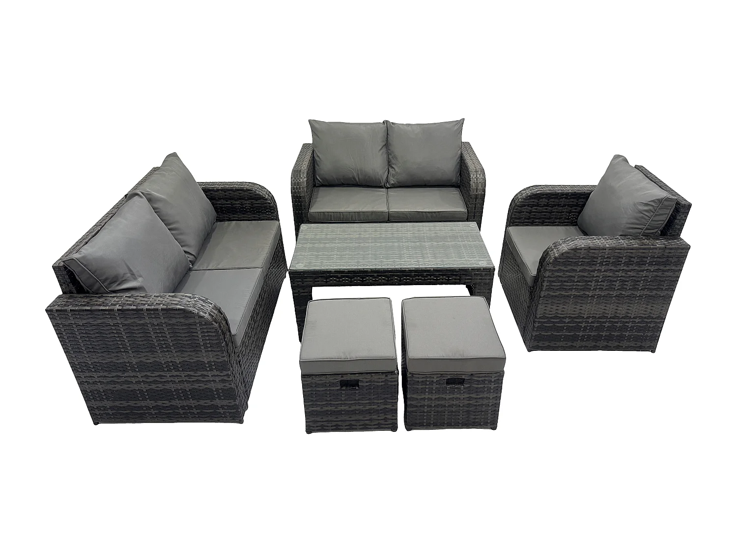 Rattan Gartenmöbel Set im Balkon Garten Sofa Set mit Rechteckiger Couchtisch Loveseat Sofa 2 kleine Fußhockern