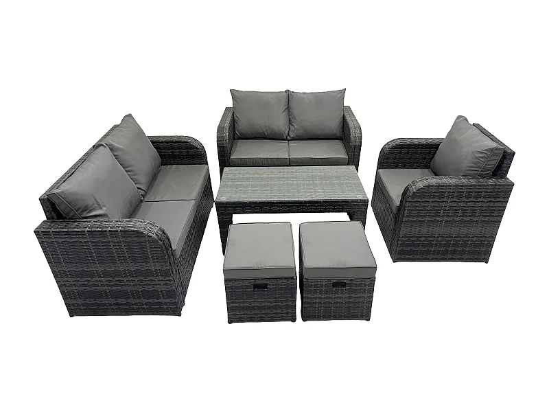 Rattan Gartenmöbel Set im Balkon Garten Sofa Set mit Rechteckiger Couchtisch Loveseat Sofa 2 kleine Fußhockern