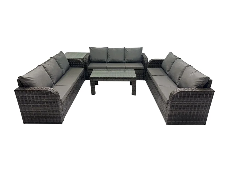 Ensemble de canapés en rotin Salon de jardin avec Table basse rectangulaire Table d'appoint Canapé 3 places Gris foncé mixte