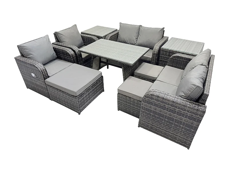 9-Sitzer Polyrattan Garten Esstisch Set Gartenmöbel Sofa mit Rechteckiger Esstisch 2 Beistelltischen 3 Hockern Dunkelgrau Gemischt